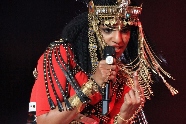 M.I.A., sticking it to the man, during the 2012 Super Bowl